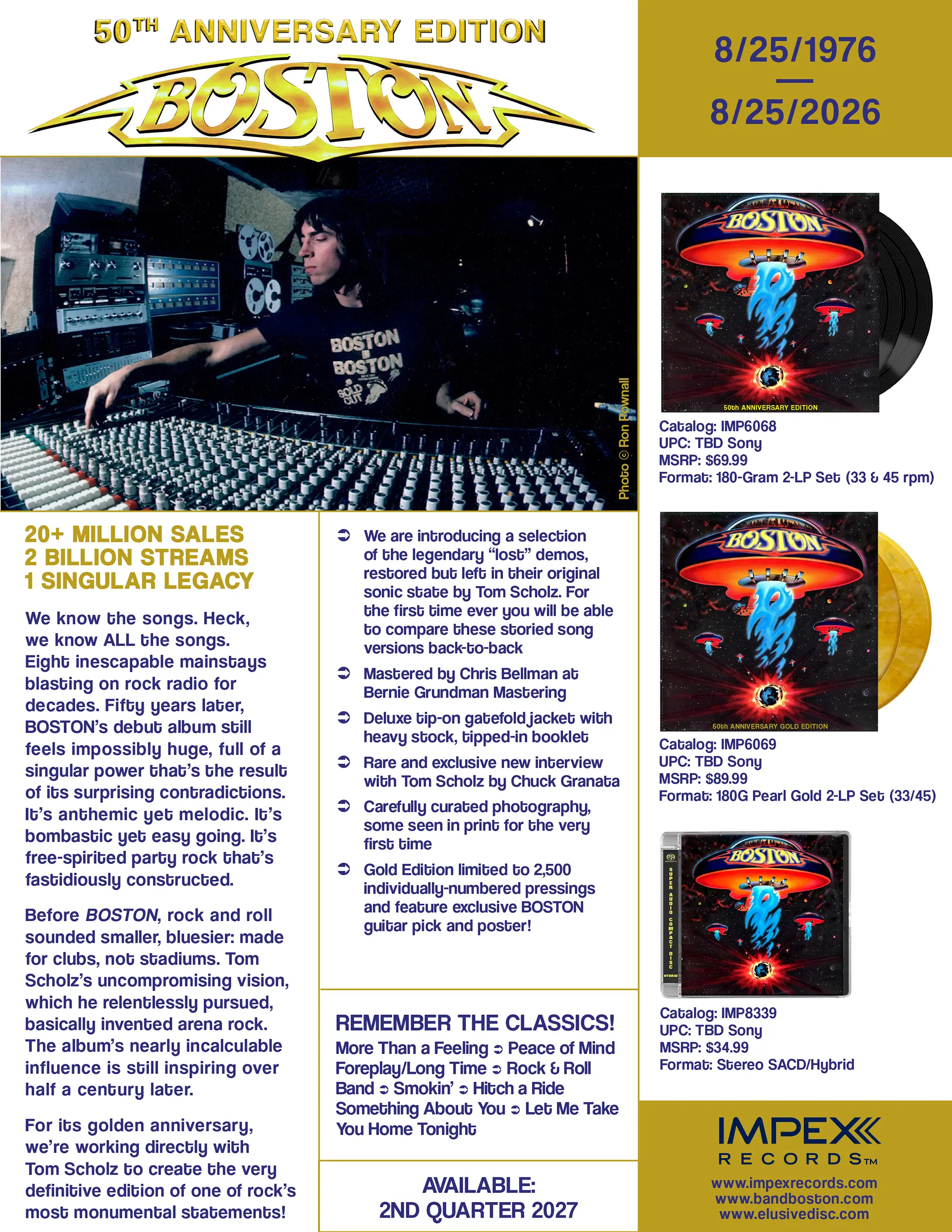 TOM SCHOLZ & IMPEX RECORDS ANNOUNCE THE 50th ANNIVERSARY EDITION OF THE ICONIC BOSTON ALBUM